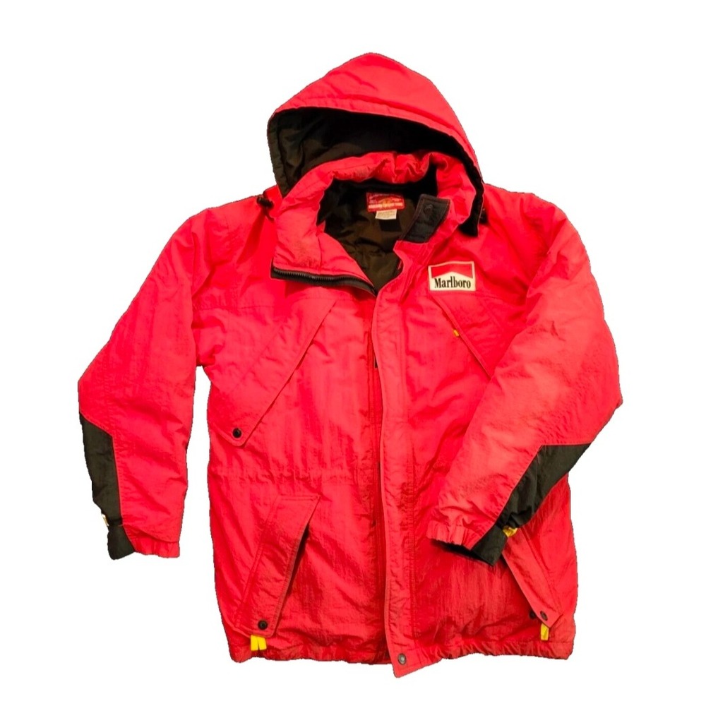 Vintage Marlboro Country Store Red Down Puffer Jacket Hooded Mens Medium‎ 75156